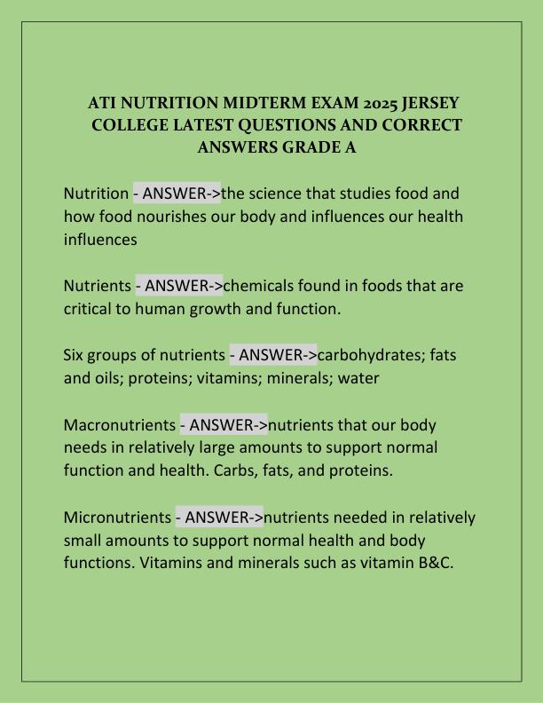 ATI NUTRITION MIDTERM EXAM 2025 JERSEY