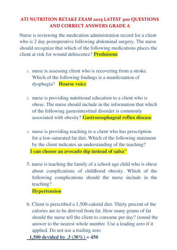 ATI NUTRITION RETAKE EXAM 2025 LATEST 300 QUESTIONS AND CORRECT ANSWERS GRADE A