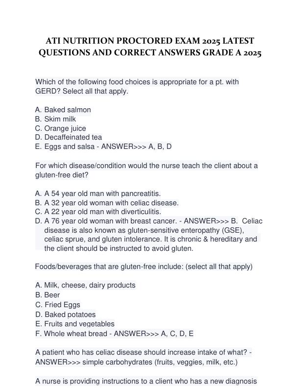 ATI NUTRITION PROCTORED EXAM 2025 LATEST QUESTIONS AND CORRECT ANSWERS GRADE A 2025