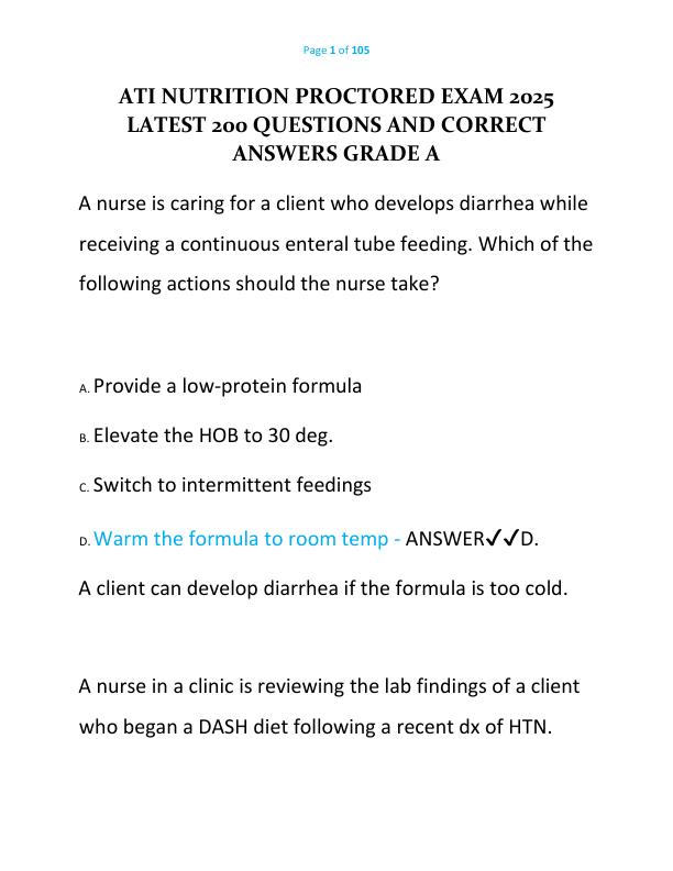 ATI NUTRITION PROCTORED EXAM 2025 LATEST 200 QUESTIONS AND CORRECT ANSWERS GRADE A