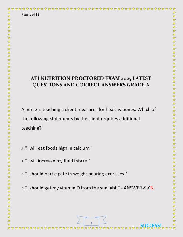 ATI NUTRITION PROCTORED EXAM 2025 LATEST QUESTIONS AND CORRECT ANSWERS GRADE A