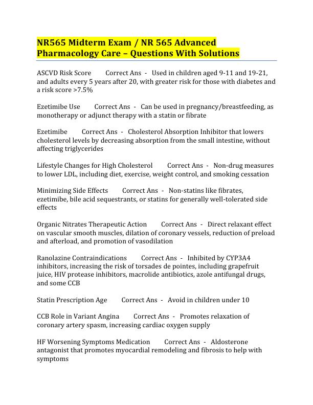 NR565 Midterm Exam / NR 565 Advanced  Pharmacology Care – Questions With Solutions