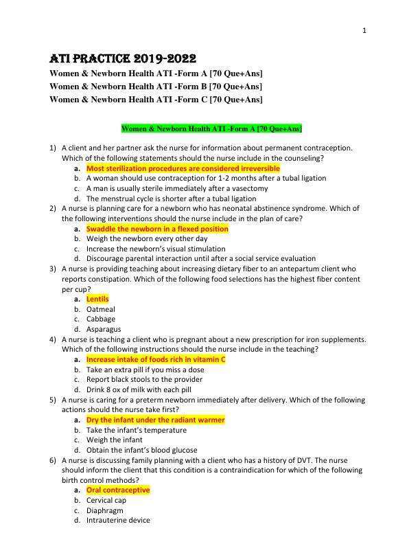 ATI Practice Women & Newborn Health ATI -Form A, Form B, & Form C 2019-2022-converted
