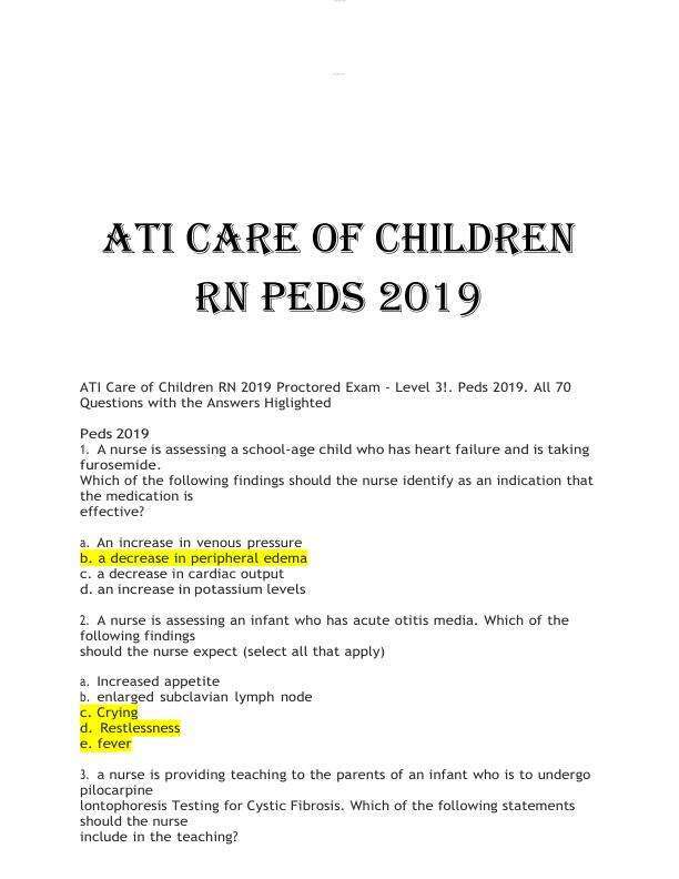 ATI Care of Children RN Peds 2019