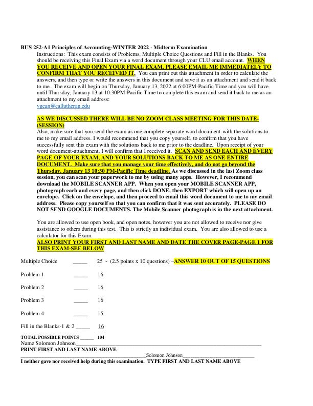 BUS 252-A1 Principles of Accounting-WINTER 2022 - Midterm Examination