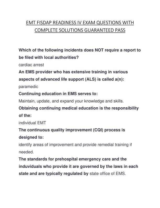 EMT FISDAP READINESS IV EXAM QUESTIONS WITH COMPLETE SOLUTIONS GUARANTEED PASS