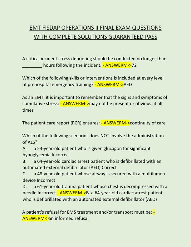 EMT FISDAP OPERATIONS II FINAL EXAM QUESTIONS WITH COMPLETE SOLUTIONS GUARANTEED PASS