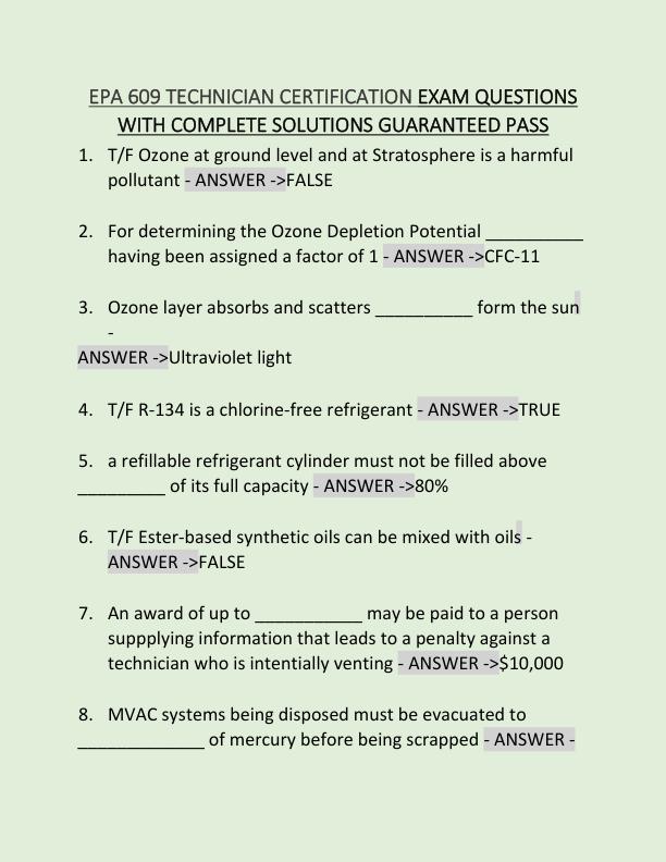 EPA 609 TECHNICIAN CERTIFICATION EXAM QUESTIONS WITH COMPLETE SOLUTIONS GUARANTEED PASS 