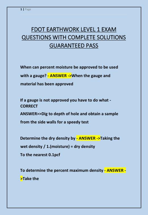 FDOT EARTHWORK LEVEL 1 EXAM QUESTIONS WITH COMPLETE SOLUTIONS GUARANTEED PASS