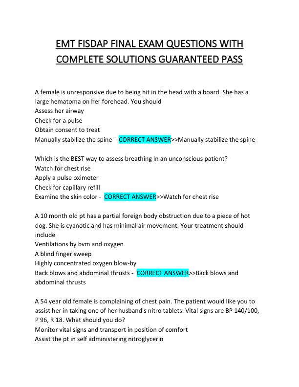 EMT FISDAP III FINAL EXAM QUESTIONS WITH COMPLETE SOLUTIONS GUARANTEED PASS