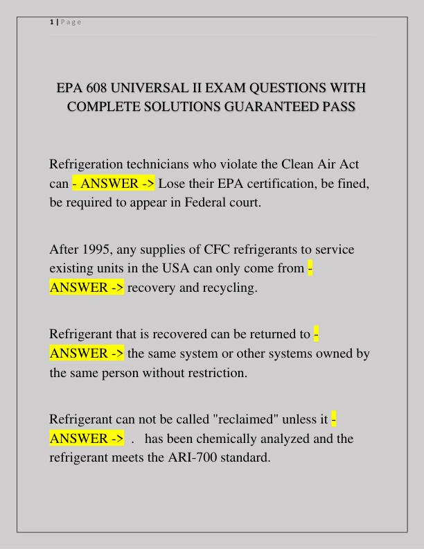 EPA 608 UNIVERSAL II EXAM QUESTIONS WITH COMPLETE SOLUTIONS GUARANTEED PASS