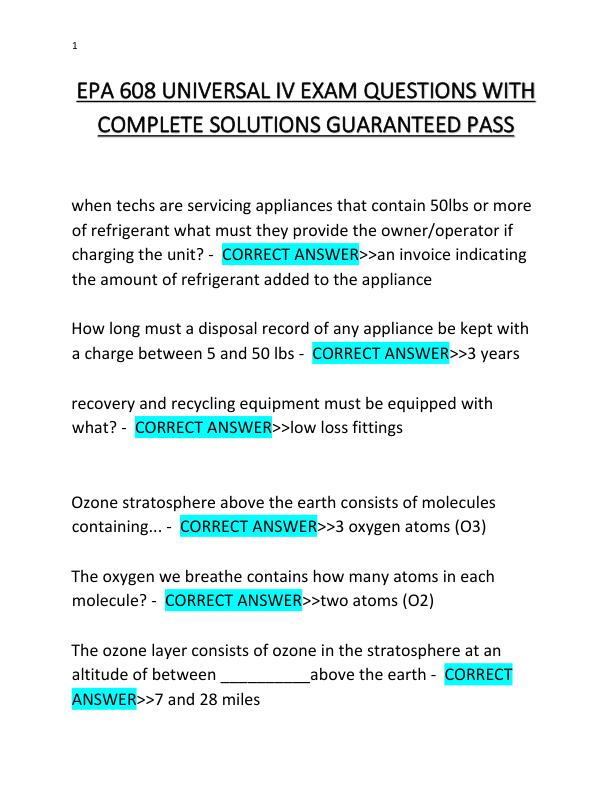EPA 608 UNIVERSAL IV EXAM QUESTIONS WITH COMPLETE SOLUTIONS GUARANTEED PASS