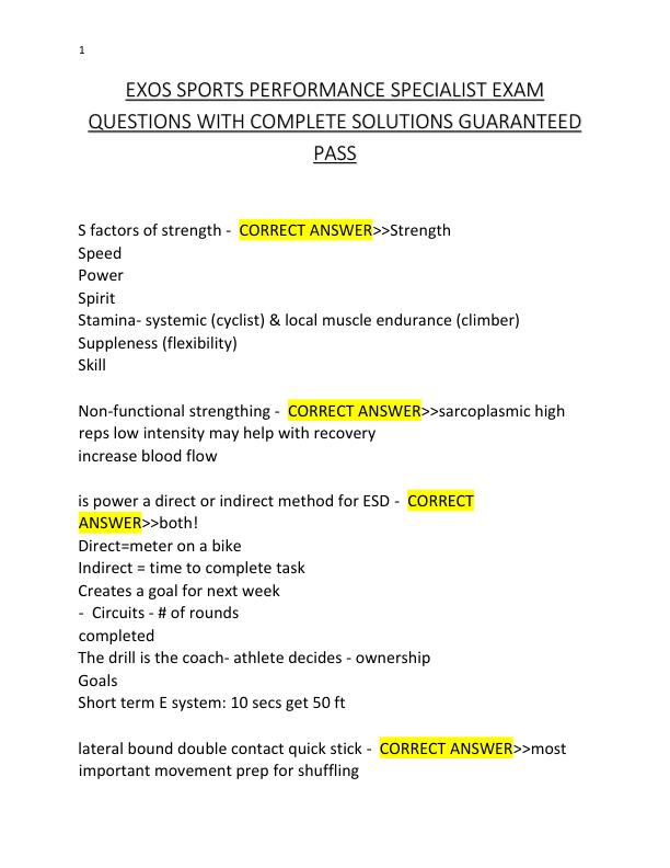 EXOS SPORTS PERFORMANCE SPECIALIST EXAM QUESTIONS WITH COMPLETE SOLUTIONS GUARANTEED PASS