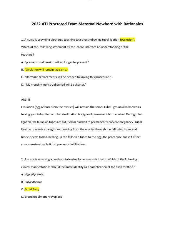 2022 ATI Proctored Exam Maternal Newborn with Rationales