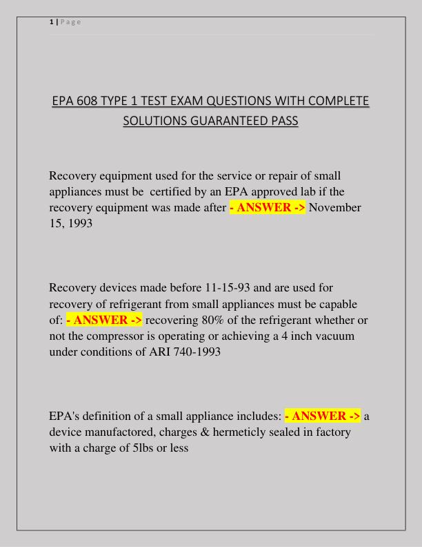 EPA 608 TYPE 1 TEST EXAM QUESTIONS WITH COMPLETE SOLUTIONS GUARANTEED PASS