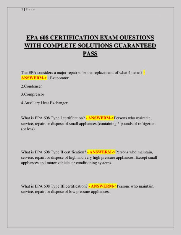 EPA 608 CERTIFICATION EXAM QUESTIONS WITH COMPLETE SOLUTIONS GUARANTEED PASS