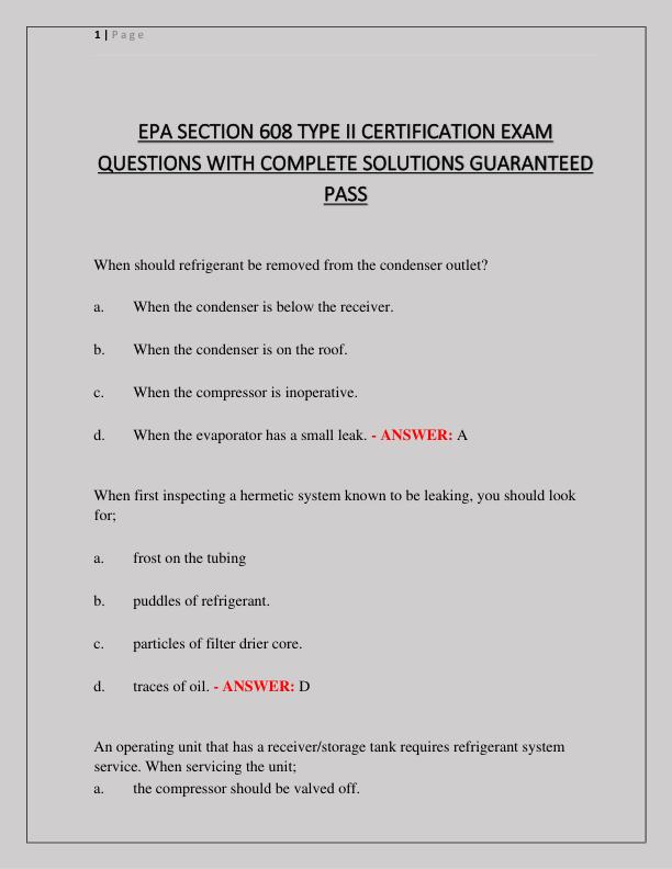 EPA SECTION 608 TYPE II CERTIFICATION EXAM QUESTIONS WITH COMPLETE SOLUTIONS GUARANTEED PASS