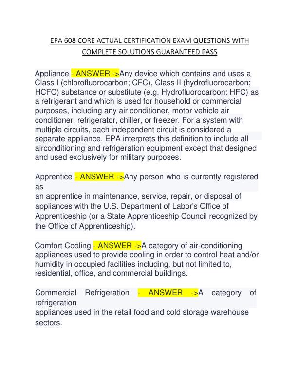 EPA 608 CORE ACTUAL CERTIFICATION EXAM QUESTIONS WITH COMPLETE SOLUTIONS GUARANTEED PASS