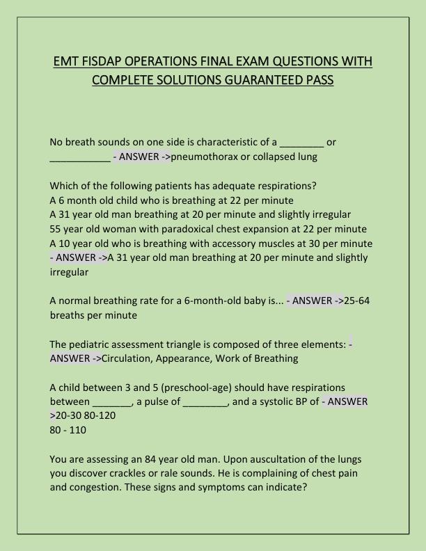 EMT FISDAP OPERATIONS FINAL EXAM QUESTIONS WITH COMPLETE SOLUTIONS GUARANTEED PASS