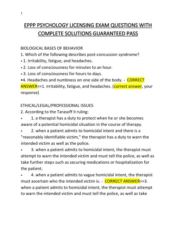 EPPP PSYCHOLOGY LICENSING EXAM QUESTIONS WITH COMPLETE SOLUTIONS GUARANTEED PASS
