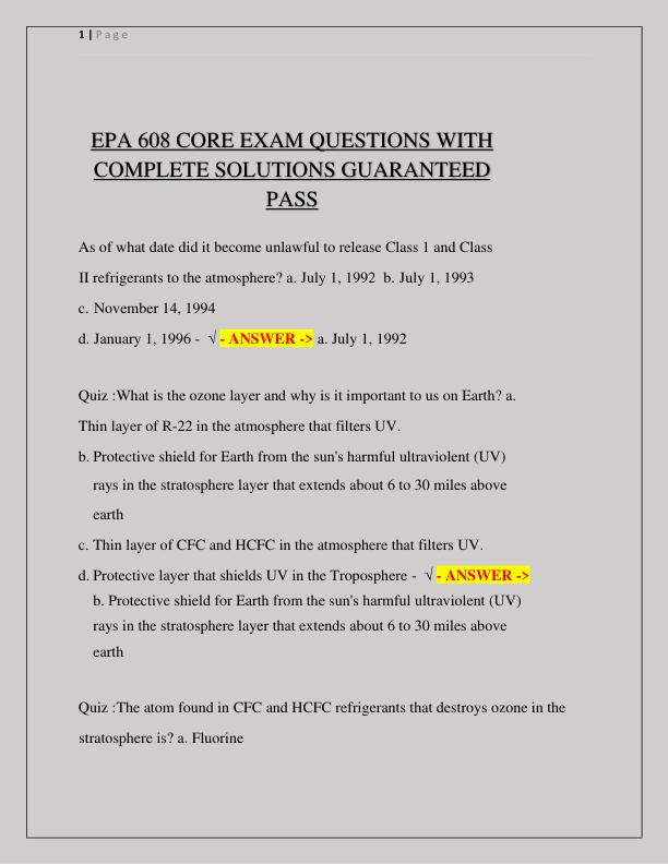 EPA 608 CORE EXAM QUESTIONS WITH COMPLETE SOLUTIONS GUARANTEED PASS