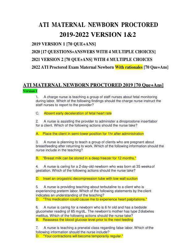 ATI MATERNAL NEWBORN PROCTORED EXAM WITH  RATIONALES 2019-2022 Version 1&2