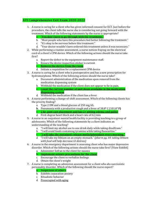 ATI Comprehensive Exit Exam - 180 Correct Questions & Answers 20202022