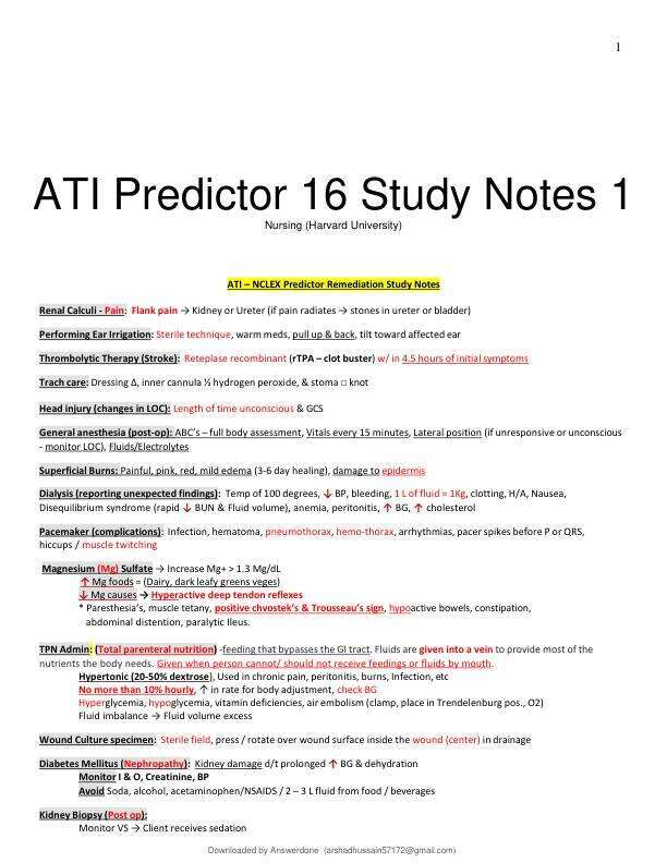 ATI Predictor 16 Study Notes 1
