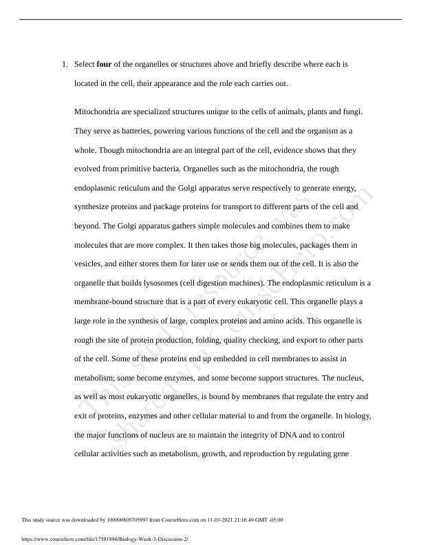 BIOLOGY 101 Week 3 Discussion 2
