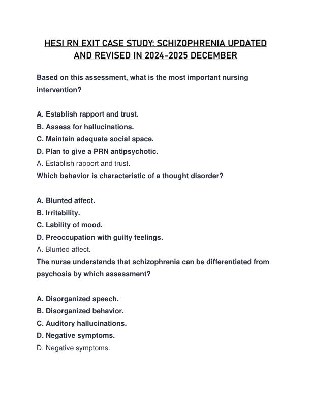 HESI RN EXIT CASE STUDY  SCHIZOPHRENIA UPDATED AND REVISED IN 2024-2025 DECEMBER