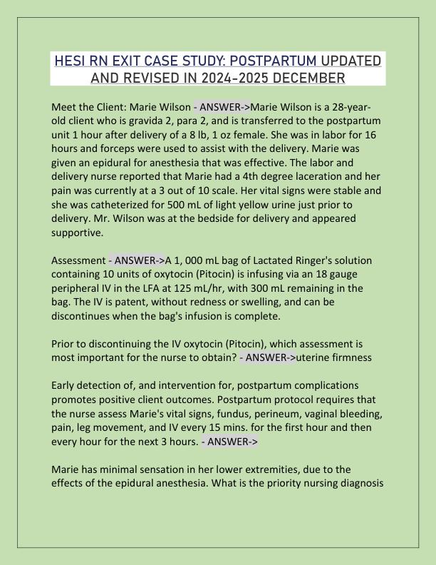 HESI RN EXIT CASE STUDY POSTPARTUM UPDATED AND REVISED IN 2024-2025 DECEMBER