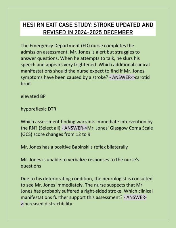 HESI RN EXIT CASE STUDY STROKE  II  UPDATED AND REVISED IN 2024-2025 DECEMBER