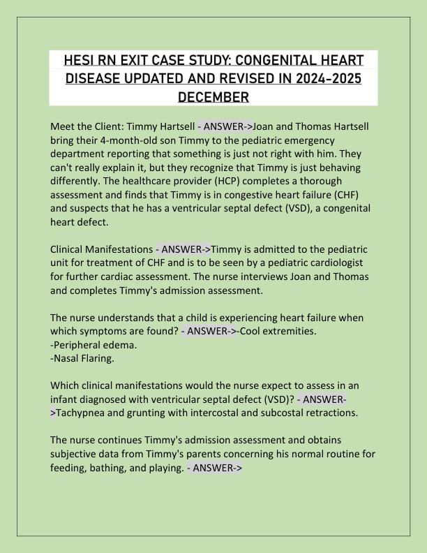 HESI RN EXIT CASE STUDY CONGENITAL HEART DISEASE UPDATED AND REVISED IN 2024-2025 DECEMBER