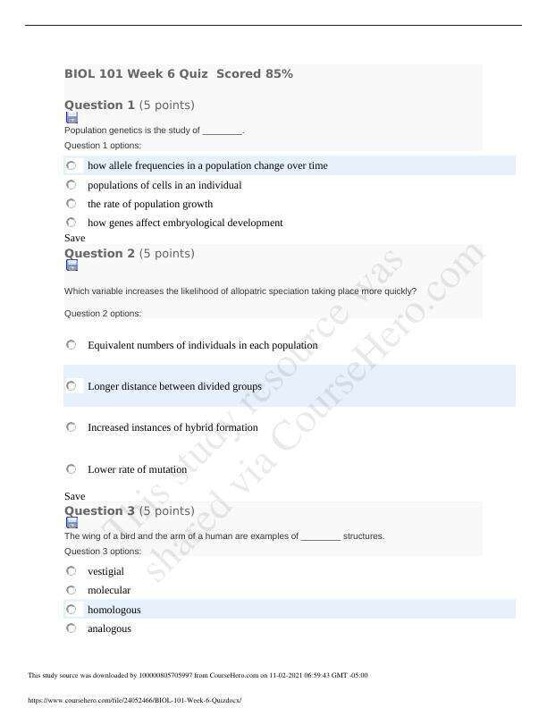 BIOL 101 Week 6 Quiz