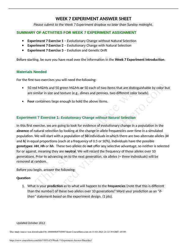 BIOLOGY 101 Week 7 Experiment Answer Sheet