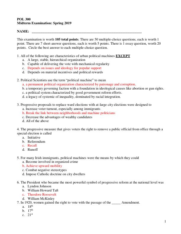 POL 300 Midterm Examination: Spring 2019