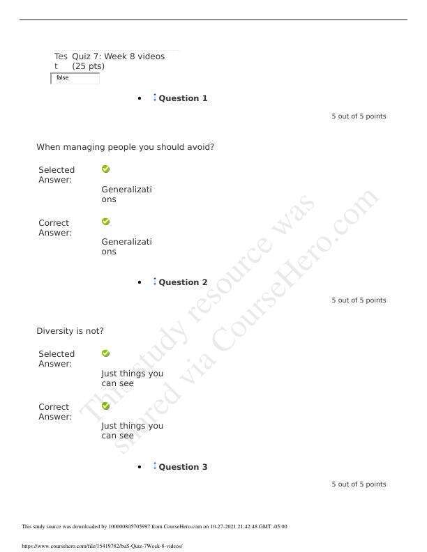BUS 302 Management Concepts quiz 7 Week  8 Video