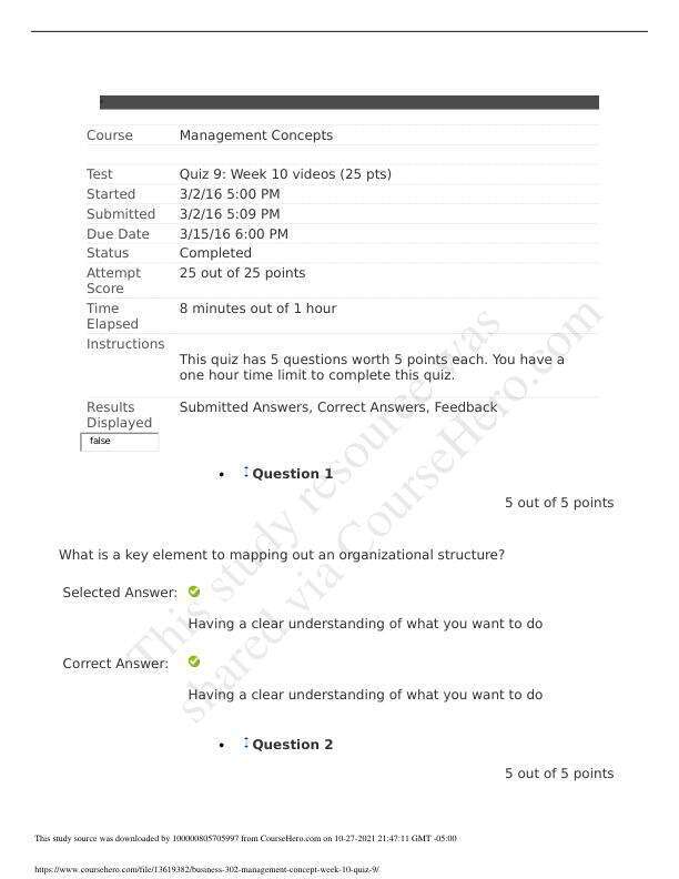 Business 302 management concept week 10 quiz 9