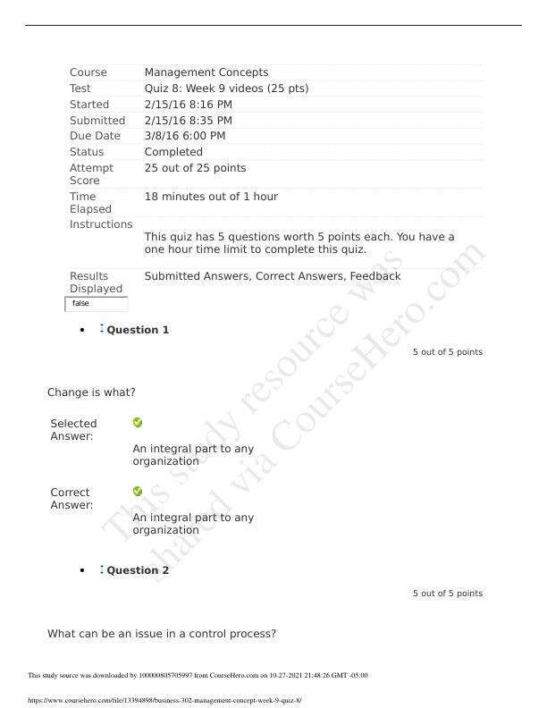 Business 302 management concept week 9 quiz 8