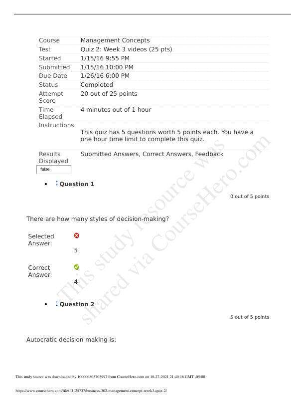 Business 302 management concept week3 quiz 2
