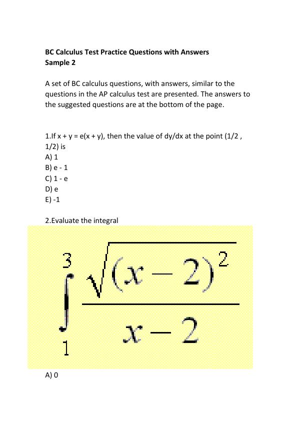 BC Calculus Test Practice Questions with Answers Sample 2