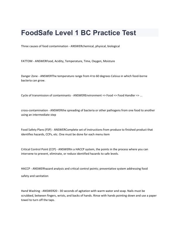 FoodSafe Level 1 BC Practice Test