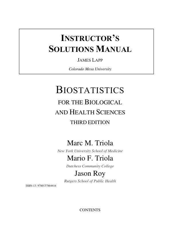 Solution Manual For Biostatistics for the Biological and Health Sciences, 3rd Edition by Marc M. Triola, Mario F. Triola, Jason Roy Chapter 1-14