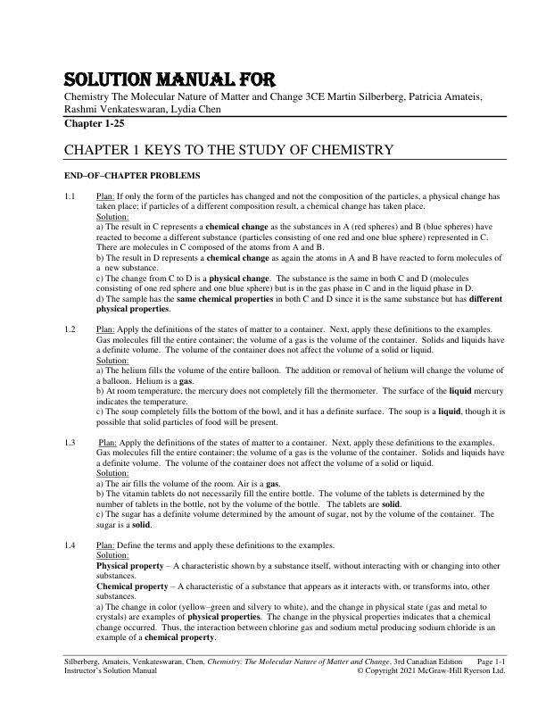 Solution Manual for Chemistry The Molecular Nature of Matter and Change 3CE Martin Silberberg, Patricia Amateis, Rashmi Venkateswaran, Lydia Chen