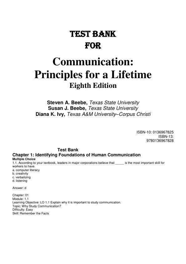 Test Bank For Communication Principles for a Lifetime, 8th Edition by Steven A. Beebe, Susan J. Beebe, Diana K. Ivy Chapter 1-15