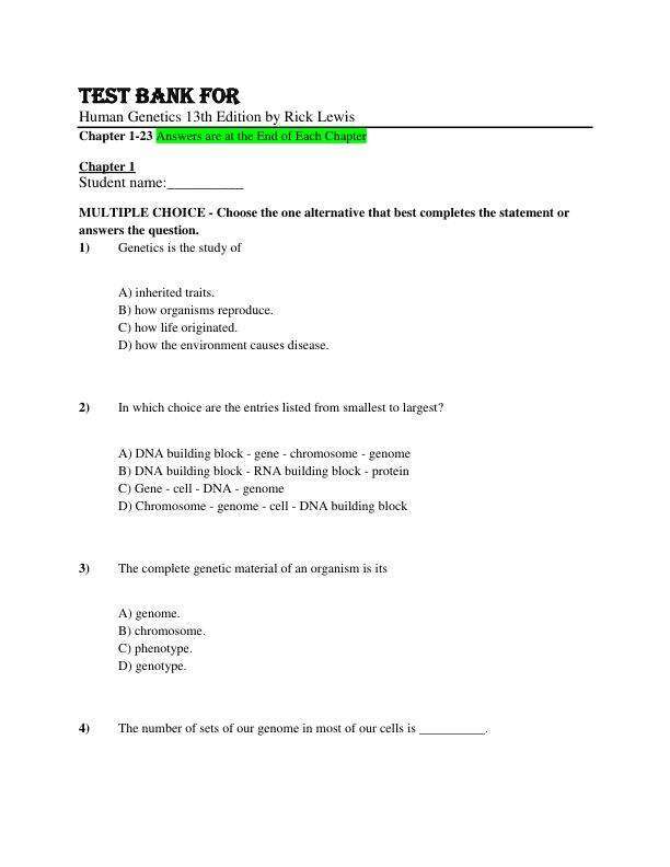 Test Bank For Human Genetics 13th Edition By Ricki Lewis Chapter 1-23