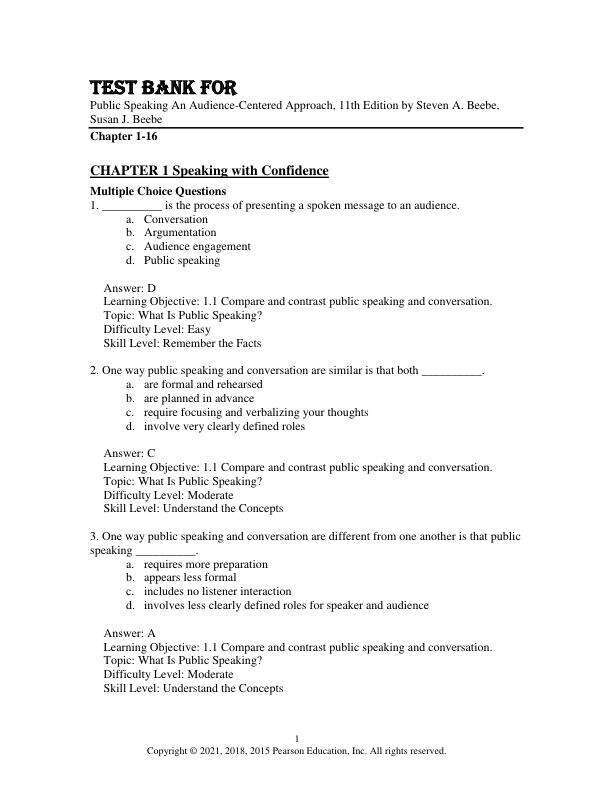 Test Bank For Public Speaking An Audience-Centered Approach, 11th Edition by Steven A. Beebe, Susan J. Beebe Chapter 1-16