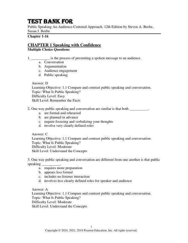 Test Bank For Public Speaking An Audience-Centered Approach, 12th Edition by Steven A. Beebe, Susan J. Beebe Chapter 1-16