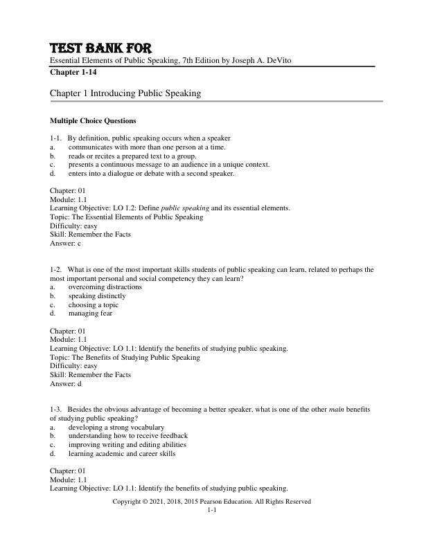 Test Bank For Essential Elements of Public Speaking, 7th Edition by Joseph A. DeVito Chapter 1-14