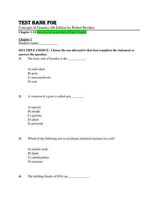 Test Bank For Concepts of Genetics 4th Edition By Robert Brooker Chapter 1-24